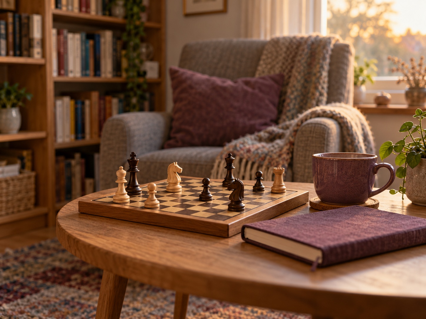 Chess pieces, a closed notebook and a plum-coloured teacup in a quiet reading nook